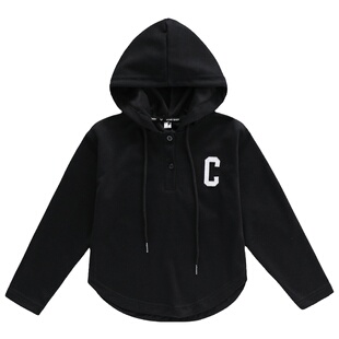 女童长袖t恤打底衫春秋白色洋气宽松短款上衣中大童连帽炸街卫衣