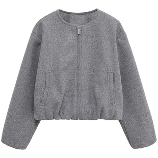 【包邮】欧美风2025秋季新款圆领拉链饰夹克外套女灰色短款上衣潮
