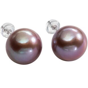 南珠宫紫羽 S925银天然淡水珍珠耳钉紫色正圆耳环气质女 E013SD