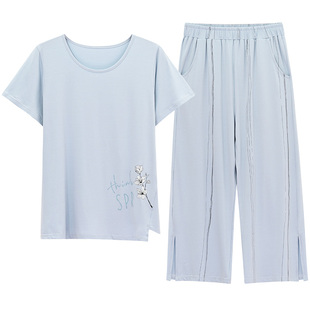 睡衣女士夏季薄款短袖莫代尔套装夏款夏天女款冰丝大码妈妈家居服