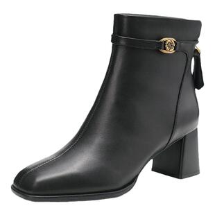 特价 千百度2025粗高跟羊皮时装靴后拉链通勤短靴A24524013A01A15