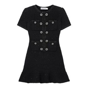 self-portrait 秋冬经典黑甜美小香风短袖针织连衣裙短裙