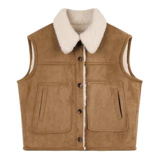 弥古咖色翻领美拉德马甲女时髦洋气鹿皮绒短外套春季皮毛一体背心