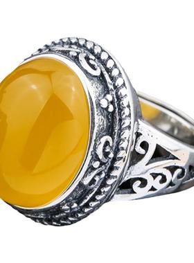 纯银复古做旧蜜蜡琥珀戒指空托