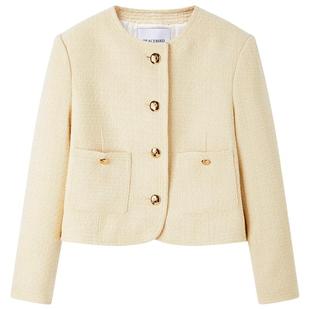 太平鸟含绵羊毛鹅黄色金扣小香风外套女2025款短款品质夹克