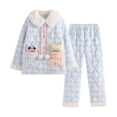 侘町2025年新款蓝格星星被三层夹棉卡通女冬季睡衣加绒加厚家居服