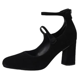 真皮单鞋女2026春秋新款女鞋中跟法式复古粗跟高跟鞋黑色磨砂羊皮