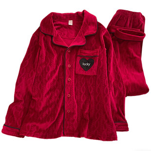 红色海岛绒男童女童睡衣秋冬季珊瑚绒儿童中大童翻领本命年家居服