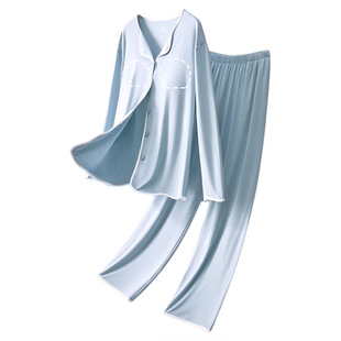 莫代尔睡衣女带胸垫低胸位冰丝薄款夏妈妈孕妇月子大码长袖家居服