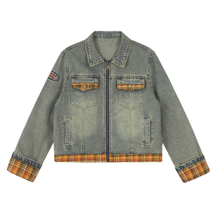 F383 2024美式复古格纹拼接牛仔外套男女宽松ins百搭潮流休闲夹克