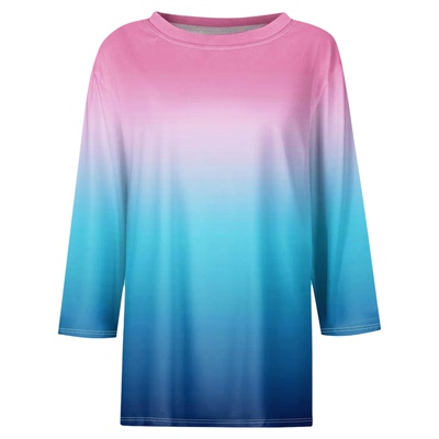 Printed seven quarter sleeve top for women印花圆领七分袖上衣