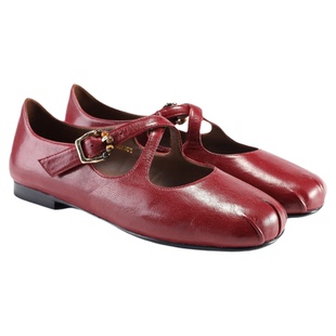 fed红色玛丽珍鞋春季新款女鞋真皮平底鞋浅口单鞋女S1015-YAB128