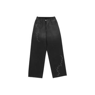 BODYDREAM荆棘印花渐变牛仔裤男款水洗复古做旧直筒宽松阔腿裤子