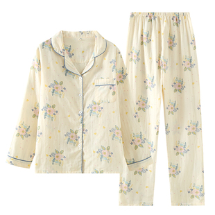 清爽棉纱~女2025新款长袖睡衣套装春秋夏季全棉麻纱布家居服薄款