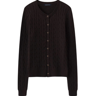 BM2025新款miu系奶奶衫 咖啡色麻花圆领复古长袖修身针织毛衣外套