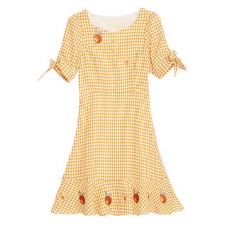 Oece夏装新款女装 智熏法式桔梗裙子春夏少女刺绣格子连衣裙