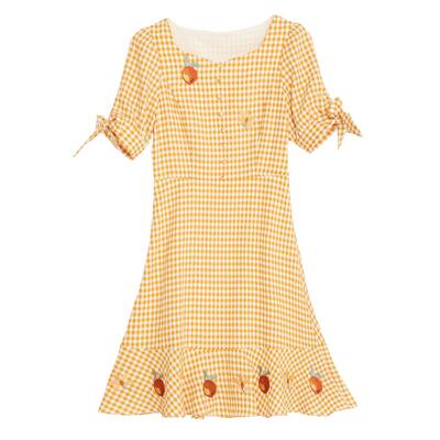 Oece夏装新款女装 智熏法式桔梗裙子春夏少女刺绣格子连衣裙