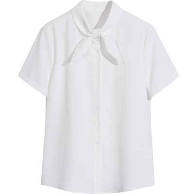 灰蓝色系带短袖雪纺衬衣