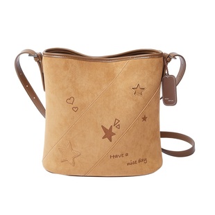 畹町复古棕色女包冬日繁星麂皮印花单肩斜跨包hobo包大容量托特包