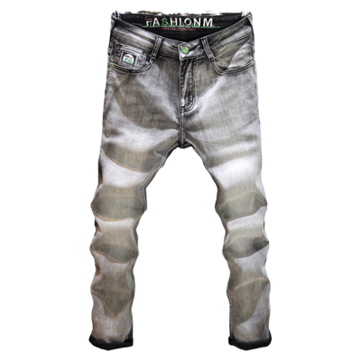 烟灰色潮牌刺绣复古磨白牛仔裤男