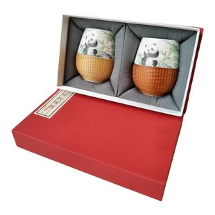 竹丝扣瓷双杯茶具四川非遗礼品商务送礼礼盒装成都特色熊猫双杯