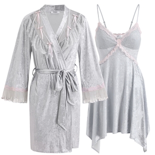 商场同款MYBODY冬季新款睡裙优雅轻奢丝绒蕾丝吊带睡衣睡袍两件套