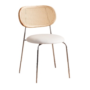 家用藤编法式奶油风餐椅原木风高级感实木靠背吃饭餐桌椅白色凳子