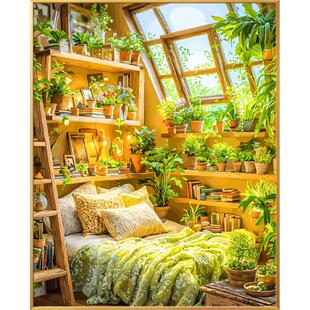 绿植画画diy数字油画填充填色手绘手工解压涂色油彩画房间装饰画