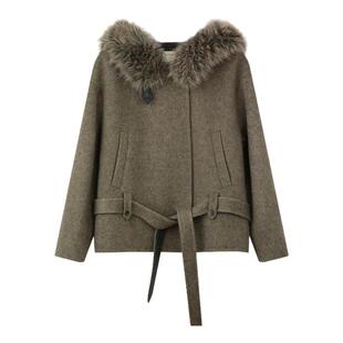 【新品限时9折】solighter 骆驼绒羊毛连帽毛领短款收腰毛呢外套