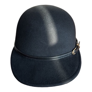 黑色马术帽女秋冬百搭圆顶皮带装饰羊毛呢骑士帽韩版毛呢鸭舌帽女