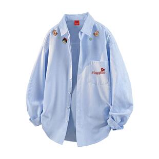 查尔斯桃心格纹小猫印花长袖衬衫男女春秋季新款纽扣潮牌衬衣外套