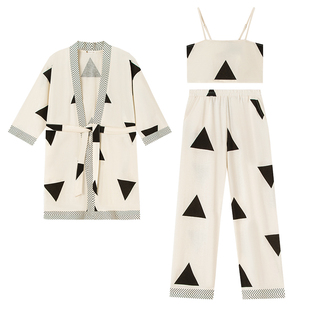 妮狄娅睡衣睡袍女夏季纯棉带胸垫吊带背心春秋时尚三件套装家居服