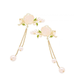 新款时尚甜美山茶花珍珠流苏发夹古风简约头饰侧边夹鸭嘴夹刘海夹