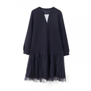 宝诗黎假两件网纱拼接长袖连衣裙2026早春宽松百搭休闲A字小黑裙