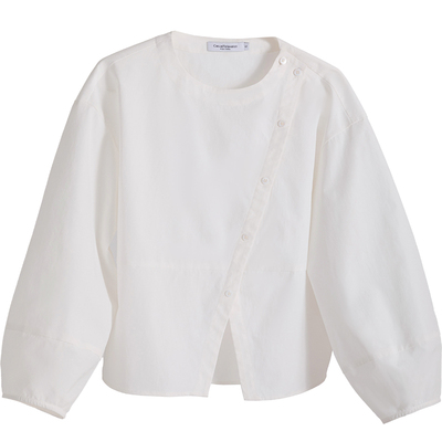 CR白色上衣衬衫小衫套头衫小众设计款系扣不规则衣摆灯笼袖新款女