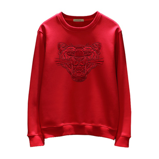 欧洲站冬季加绒刺绣老虎头红色卫衣本命年男圆领潮牌上衣时尚痞帅