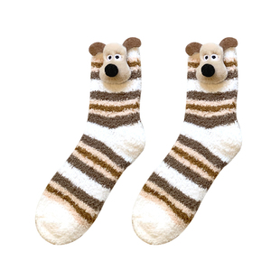 袜子女款珊瑚绒小狗中筒袜冬季新款加绒加厚地板袜居家保暖睡眠袜