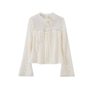 Sun雅乔【朦胧花语】秋甜美法式蕾丝网纱拼接烫钻打底衬衫上衣女