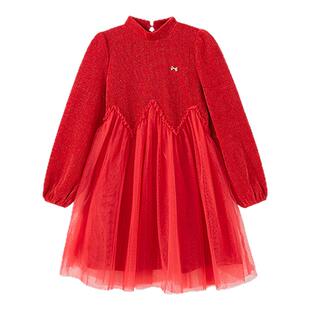 笛莎官方童装儿童女童裙子中大童红色新年服香风公主裙加厚雪尼尔