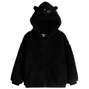 HM童装女童外套冬季新年摇粒绒泰迪绒拉链宽松保暖连帽衫1307153
