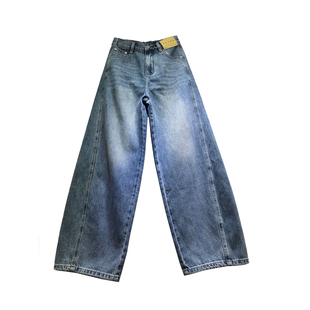 E野视角弯刀裤女2026年春季拖地牛仔裤后腰松紧皮牌阔腿裤61282