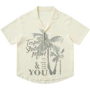 From Mars 树下乘凉 日系复古街头休闲古巴领印花宽松短袖衬衫bf