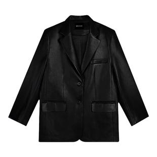 MULVAN 【现货7折】黑色复古pu皮衣西装外套女新款高级感宽松西服
