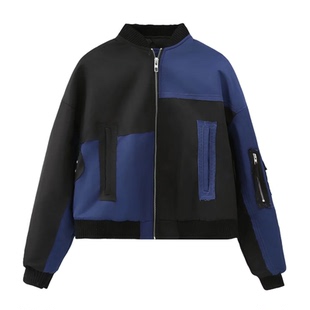 冬季新品女装欧美风圆领长袖拼布飞行员夹克棉服外套 5320752