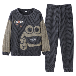 珊瑚绒男士睡衣秋冬季加厚加绒加大码青少年中学生冬天卡通家居服