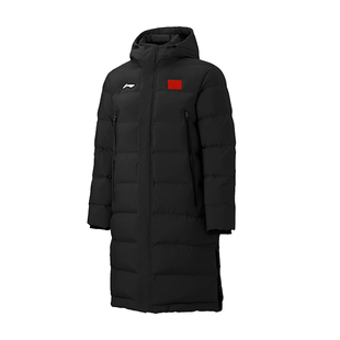 李宁黑色长款羽绒服男女旗帜款2025冬款连帽过膝长羽绒服AYMV137