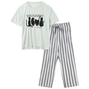 tutuanna春夏家居服睡衣女 纯棉猫咪印花短袖上衣条纹长裤套装女