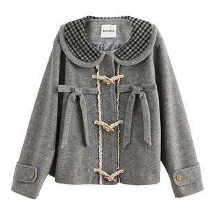 森女部落学院风拼接设计感娃娃领毛呢外套女2025新款宽松上衣冬季