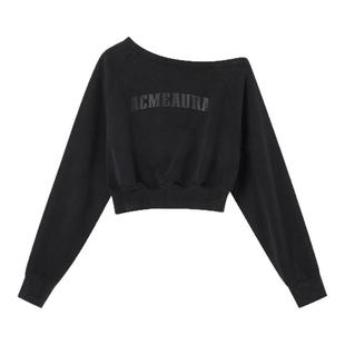 ACMEAURA卫衣外套秋季卫衣黑色长袖短款卫衣斜肩上衣女高级感