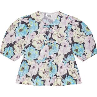 【甄选折扣】GANNI女装 V领系带灯笼袖碎花短上衣衬衫 W0317999